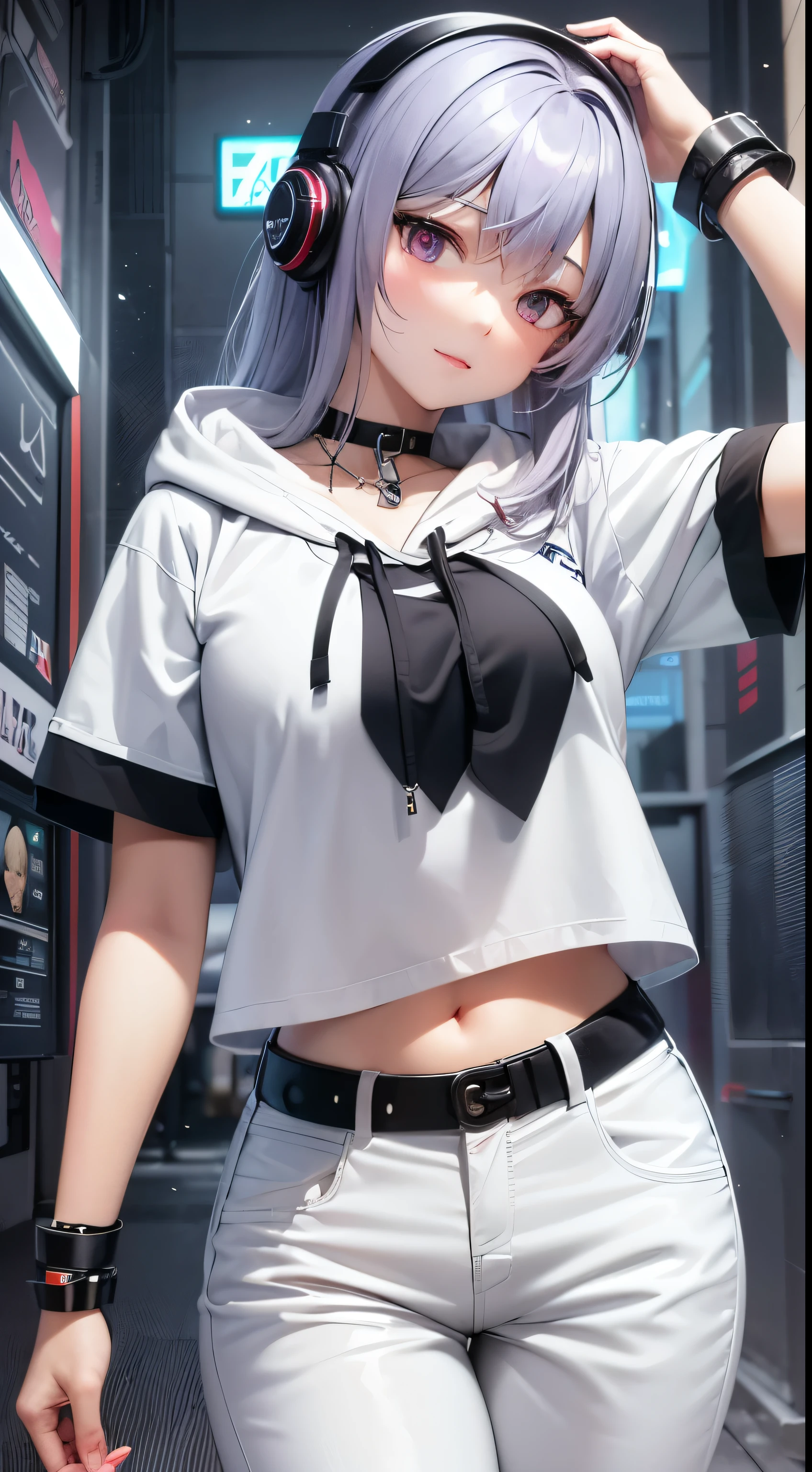 top-quality、Top image quality、masterpiece、girl with((25year old、Black navel exposes short sleeve hoodie、White pants、Best Bust、Bust 85、Red hair、Disturbed shortcuts、Pinkeyes、open chest wide、Happiness、Chain Accessories、Put on headphones、dance))hiquality、visualart、Background with((Virtual Live))、masterpiece (GLITTER IN THE PUPILS) (SHINE IN THE HAIR) (BEAUTIFUL FACE) (RED HAIR) (PINK EYES)
