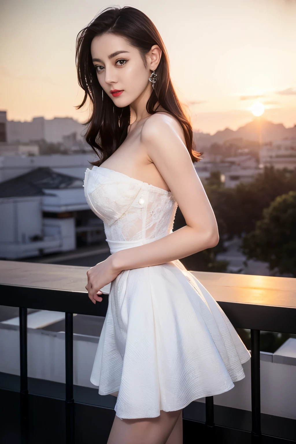 ((top quality、8K、​Masterpiece:1.3))、Extremely delicate beautiful girl，huge breasts，bigger breasts，amazing breast size，G cup，Sunset。Wear big earrings，Very white skin，moist red lips，Waist is very thin，Thighs are very thin，big ass，exposed，fair and smooth skin，Smooth and fair skin，flawless skin，Fair and shiny skin，cold white skin，The camera focuses on the chest，bright light，Bandeau dress，transparent skirt，Openwork skirt，exposed的肩膀，white hair，The hair is gray，后背exposed到臀部，后背exposed到腰臀线，Smooth white back，Stand sideways，Turn around