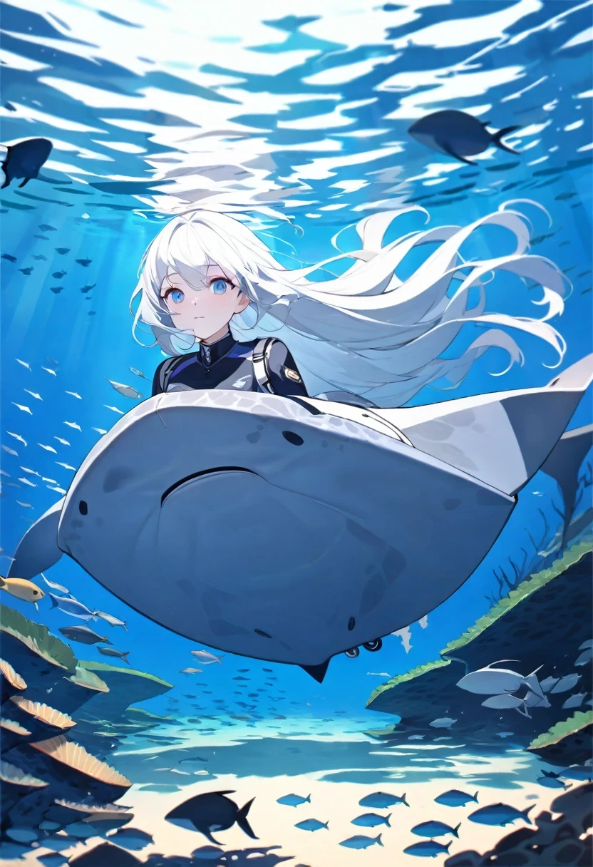 (Masterpiece, Best Quality, ultra detailed, best shadow), (beautiful detailed face:1.3),(Alone), (family_friendly:0.8),High contrast, ultra high resolution,(1 girl under the deep sea:1.6),(dive and pet a whale:1.3),whole body, Swimsuit,refract light from above,bright_light,vivid algae,colorful corals, looking_far, pez tropical,(turbulence disturbed Hair:1.2),([Blue|the payment] Hair:1.1) 