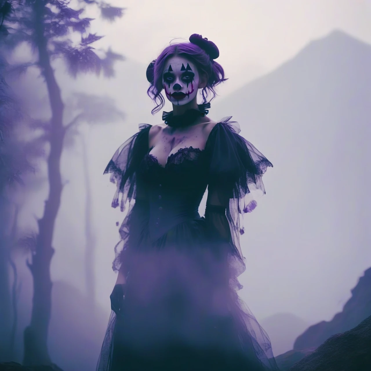 A place with a morbid look that resembles a funeral, (foggy:1.2), silhouetted in soft shadow (full body photograph:1.2) (Purple Mountain Majesty clown outfit:1.3) (beautiful supermodel:1.1) hands behind her back detailed background bokeh