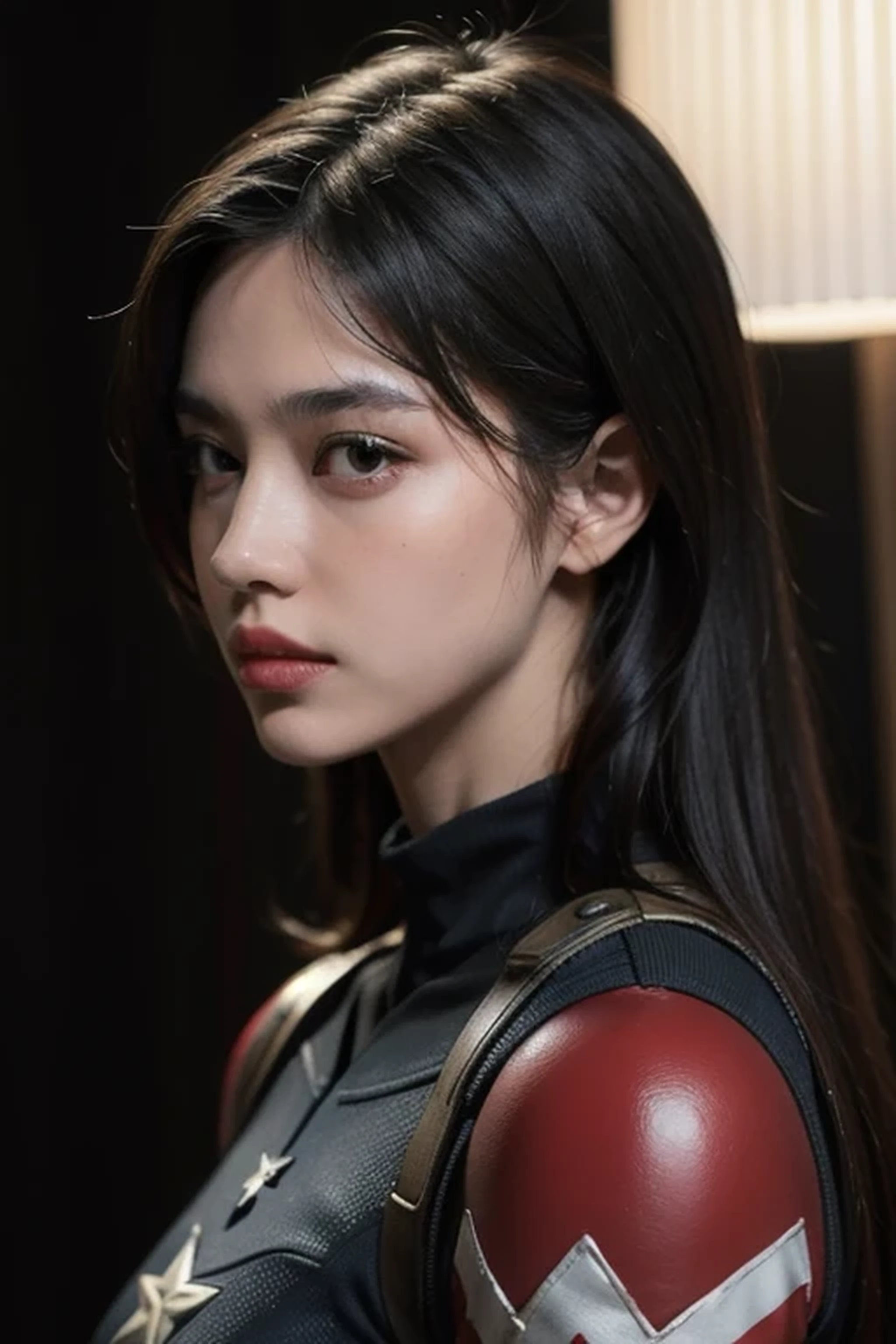((best quality)), ((masterpiece)), (detailed), highly realistic, 4k, high definition, sharp pixels, sharp image, 1 japanese girl, perfect body:1.5, perfect face:1.5, perfect lips:1.5, perfect nose:1.5, highly detailed face, highly detailed eyes, highly detailed lips, highly detailed body, full body view, strong Mascular body, wearing captain America costume, dirty face, standing on a war front, highly detailed background, perfect background