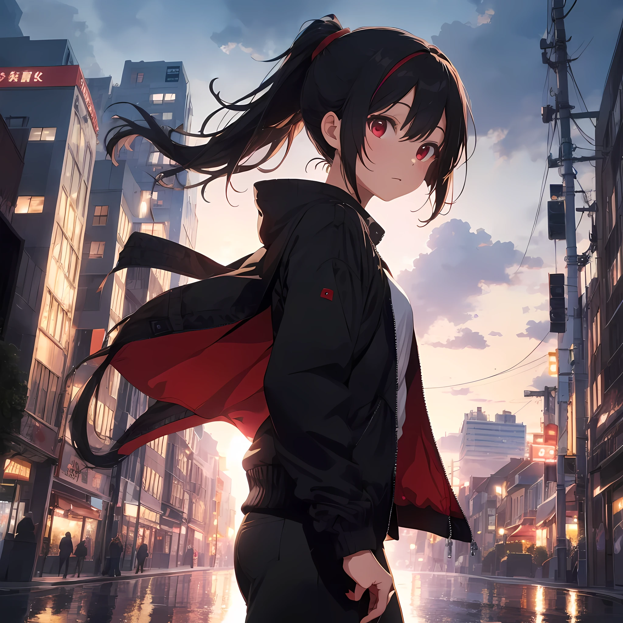 cinematic light. best quality, masterpiece, bestselling novel cover, detailed background, city skyline, looming darkness, moonlight, night time, 1girl, black hair, ponytail, ((normal black jacket with red accents, tight white inner shirt, covered upper body)), long pants, looking away from camera, glancing back, (extra wide shot:1.5)