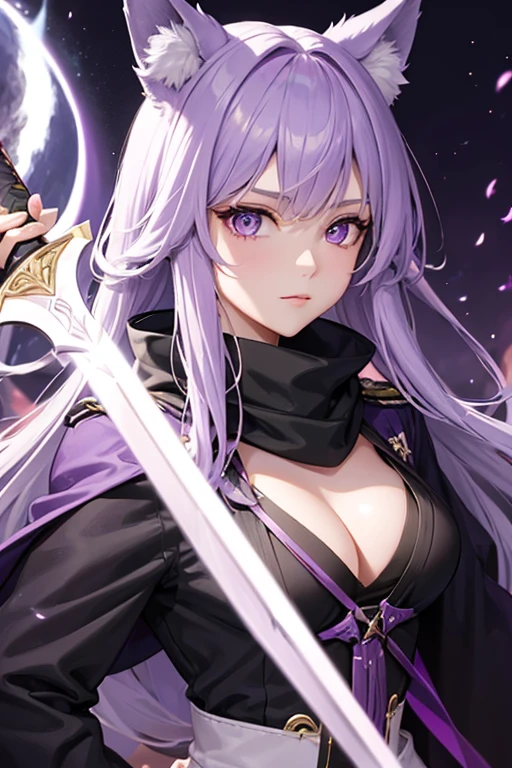A handsome girl, a close up of a woman holding a sword and a sword, light purple hair, Wearing a triangle scarf around the neck, black military uniform, furry fox ears , Moon themed clothing, Astral Witch Costume, Light purple pupils,