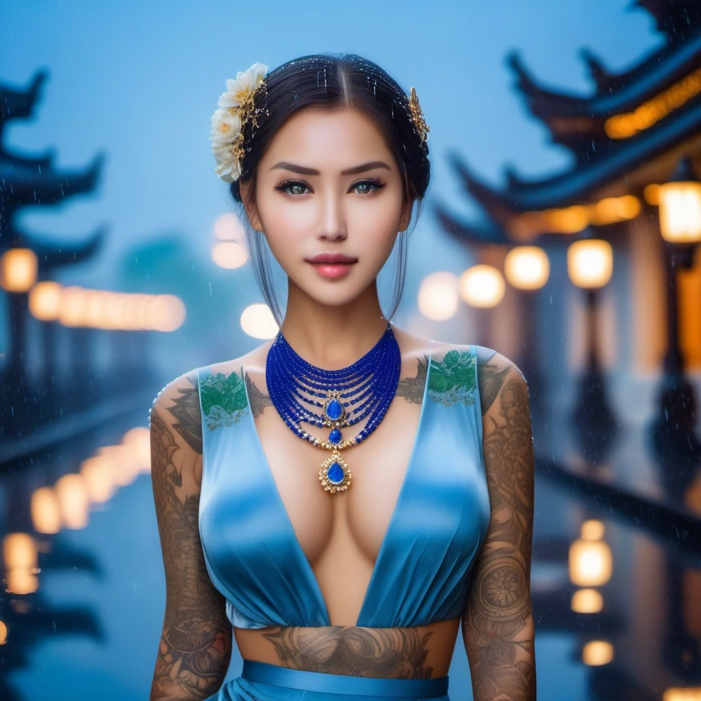 (8k, RAW photo, best quality, masterpiece:1.2), (realistic, photo-realistic:1.37),st. louis (luxurious wheels) (azur lane),1girl,(myanmar girl), (aegyo sal:1),hair ornament, portrait, (Myanmar traditional cloths:1.1), necklace, blue nails,cute,cityscape, night, rain, wet, professional lighting, photon mapping, radiosity, physically-based rendering, backgrounds SHWEDIGON Pagoda
