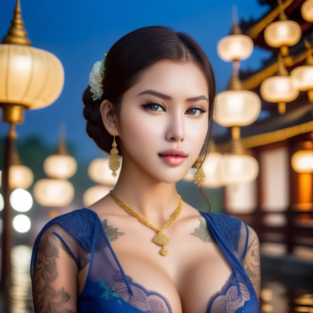 (8k, RAW photo, best quality, masterpiece:1.2), (realistic, photo-realistic:1.37),st. louis (luxurious wheels) (azur lane),1girl,(myanmar girl), (aegyo sal:1),hair ornament, portrait, (Myanmar traditional cloths:1.1), necklace, blue nails,cute,cityscape, night, rain, wet, professional lighting, photon mapping, radiosity, physically-based rendering, backgrounds SHWEDIGON Pagoda