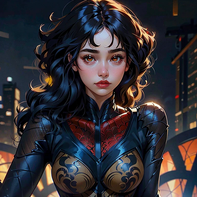 Spiderverse,woman, 20 yrs old, curly hair, black suit with blue red and yellow, brown eyes, Filipina 