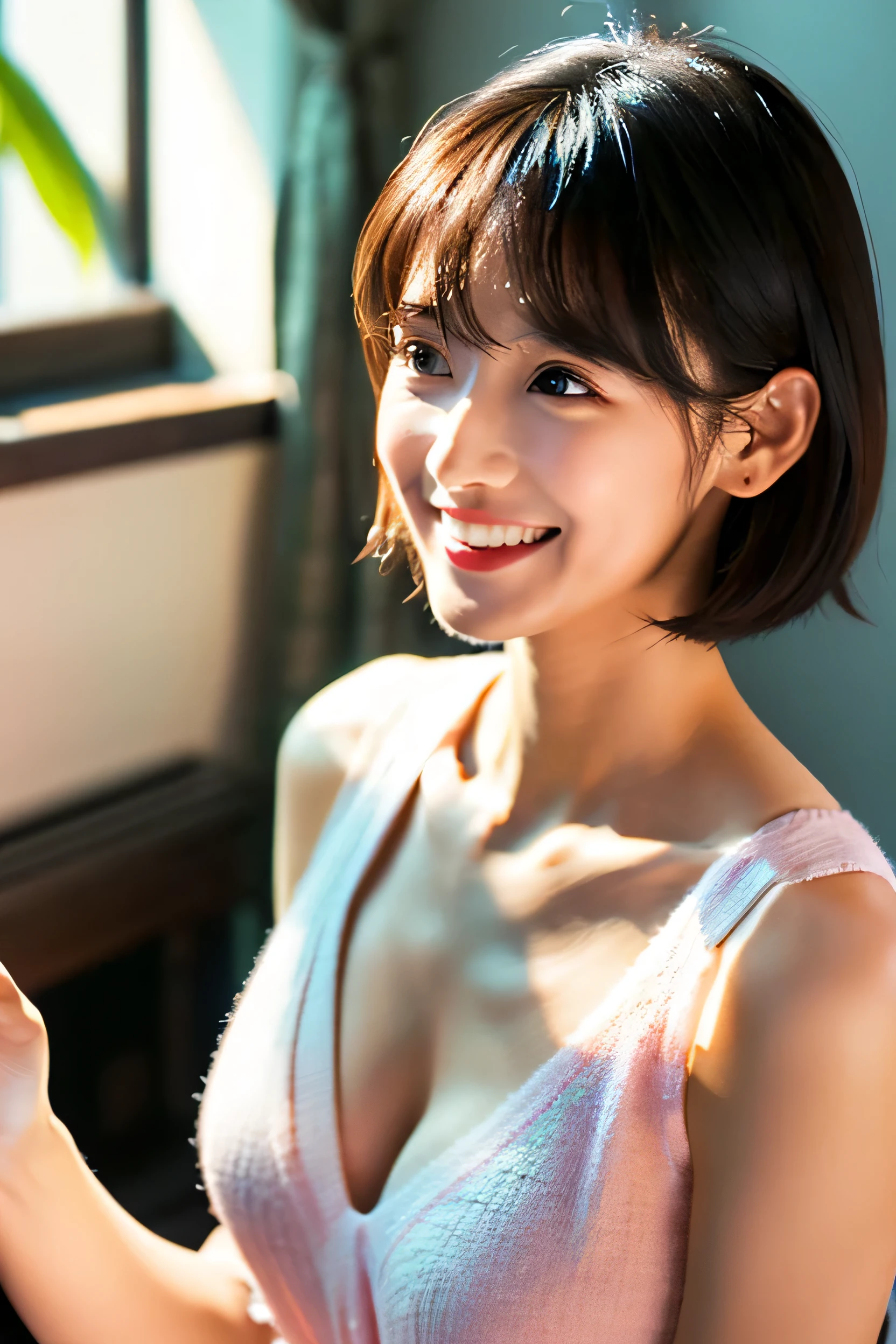 ((highest quality、best image quality、ultra high resolution、Drawn in ultra high definition、alone、look closely at the camera、light colored eyes))、1 girl、realistic、Depth of written boundary、natural soft light、daytime、charm、beautiful face、cleanliness、pure face、white skin、cute、short hair、beach、Light of the sun、nadium chest、Full body Esbian、((Pale pink sweater、Money is more important than beauty、very beautiful big、Beautiful and very large udder、Chest opened、show to audience、expose your waist、publish one'shoulder、Lean forward to show your chest))、long neck、show me your ears、Clean short bob hair with bangs、Very smiley、perfect fingers、perfect hands、perfect body、perfect face、Shine a light into your eyes、perfect anatomy、tall supermodel、Supermodel with long legs、Supermodel with a long neck、Wide shoulder、arms should be lowered to the sides、stand、Slightly above the chest、bright windowsill background、smile at the audience、laughter、smile、that'that'that's very 大きい today、beautiful teeth、beautiful teeth alignment、Chest wide open、beautiful decollete、Very beautiful sexy woman with a lot of exposure、Pay attention to your audience、Look up at the viewer slightly above......、slightly upward、shadow fade、 chest:1.9, cleavage:1.9
