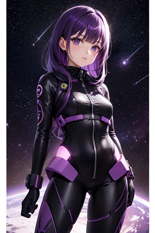 Purple girl on alien planet between North Star and Big Dipper