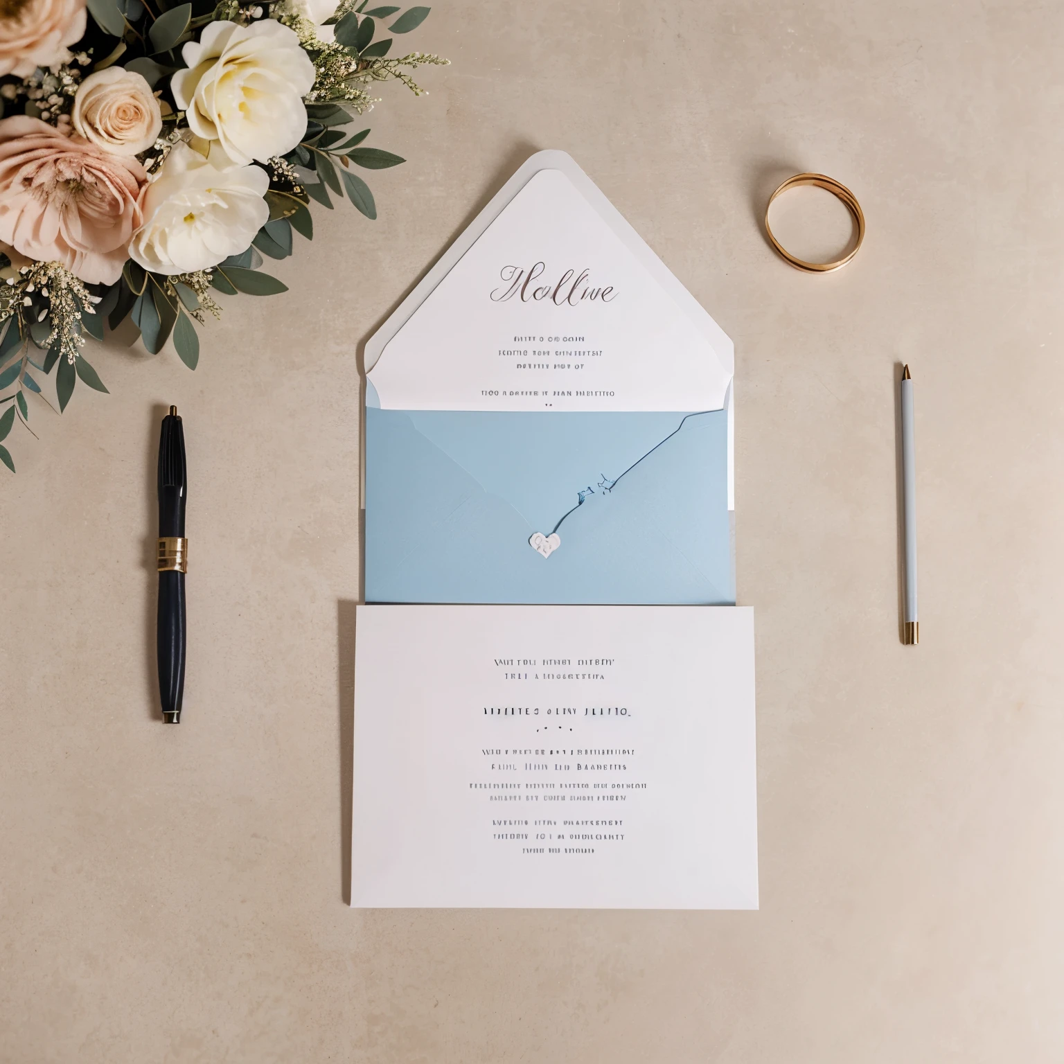 Flatlay of wedding invitation with dusty blue envelope and white card stock with mauve font and line art flower border