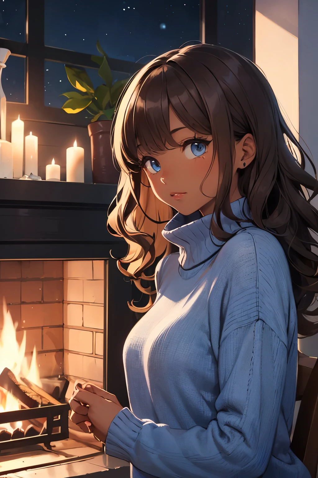 Light dark skin girl with wavy brown hair and blue eyes wearing a blue sweater by the fireplace at night. She has bangs