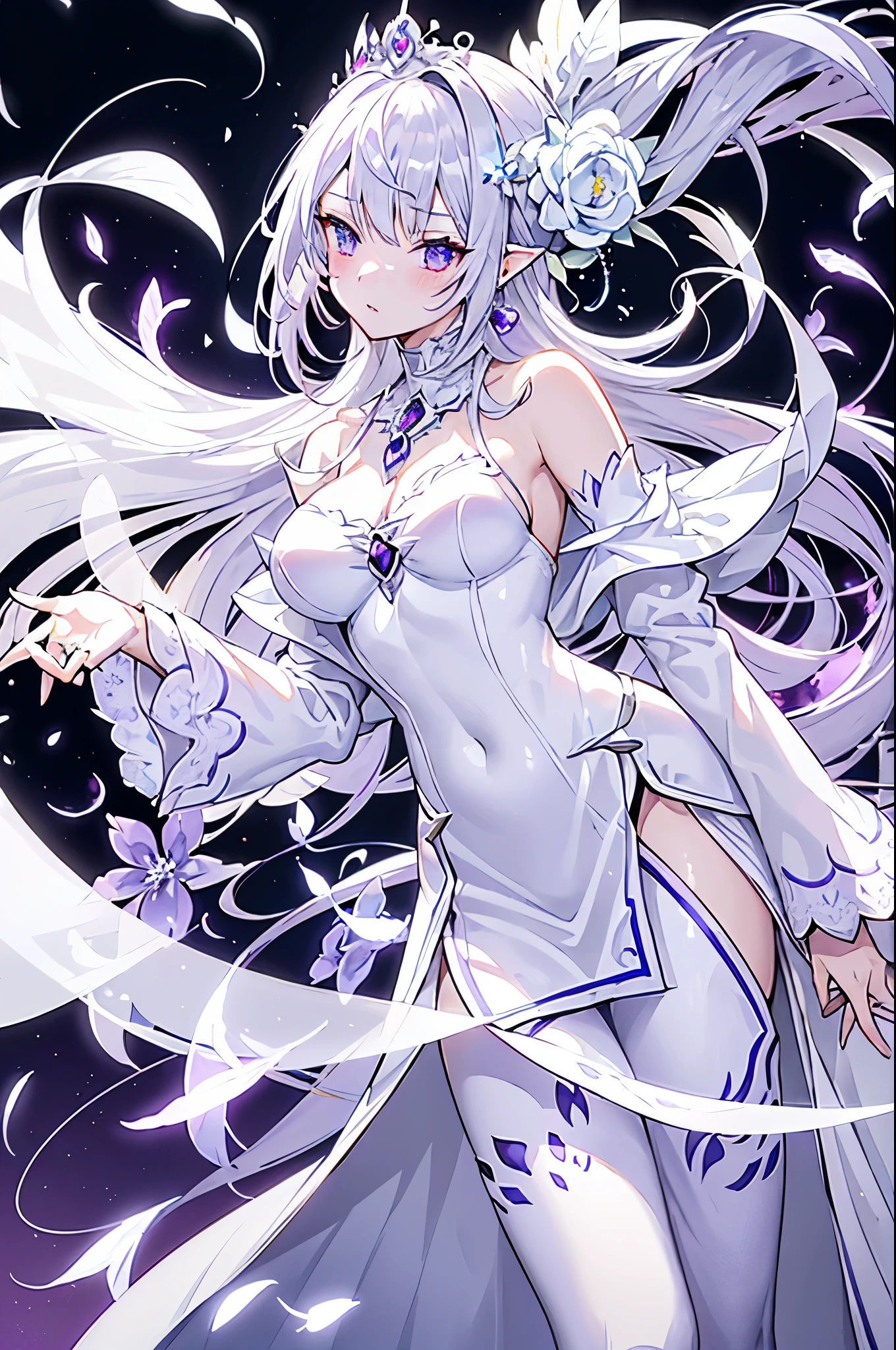 Emilia princess from Re:Zero kara Hajimeru Isekai Seikatsu, half elf, ((gorgeous white and purple elegant silk wedding dress, holding a bunch of clematis, silk accesory, veil, silver necklace, diamond ring, flower earring, belt, collar, silver crown, silk long sleeves)), grace hair style, garden background, ((perfect body shape, medium breast, empress and forzen aura, flower and feather flying effect, clean detailed skin, silver and light purple pupil, blush)), best quality anime 16k wallpaper quality, extreme eye and body detail, spiral energetic girl, spirit around, high resolution , masterpieces, ultra lighting,