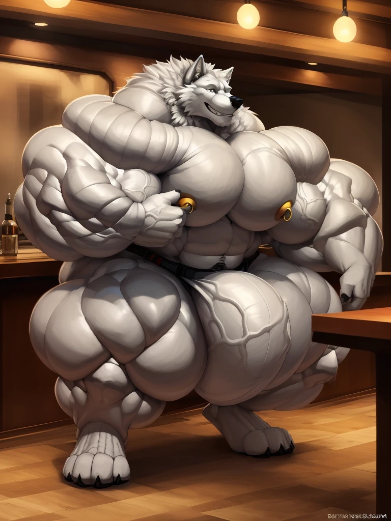 4k, high resolution, best quality, perfect lightning, perfect shadows, solo, anthro, young, boy,white wolf:2.0, furry body, (fluffy mane:1.2), fluffy tail, male, adult, (bulky2:0, thick muscles2:0, huge muscles:2.0, hyper muscles:2.0), (thick biceps, veiny biceps, big broad veiny pecs:2.0, broad shoulders:2.0), (thick legs, thick calves:1.1), (digitigrade legs, 4 toes:1.2), (huge bulge:2.0, hyper bulge:2.0), perfect colors, (photorealistic fur, detailed fur, epic, masterpiece), (suggestive posing:1.2), ( smile,  grin 1.3), detailed modern bar, (tie), detailed wolf eyes:2.0, by k0suna, by darkgem， ring，big pecs:2.0，hyper arms:2.0，veins,massive bulge:2.0,veiny bulge,white body,white fur,hyper 