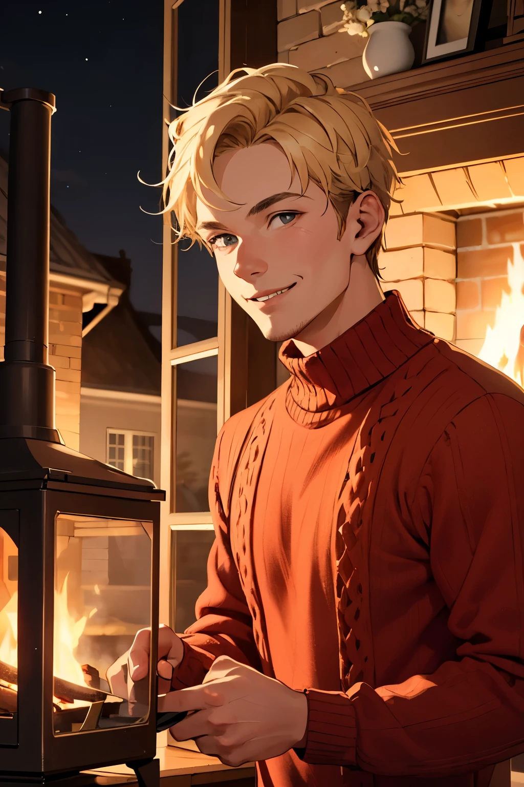 Blonde man with short hair and dark eyes wearing a red sweater by the fireplace at night. He is smiling