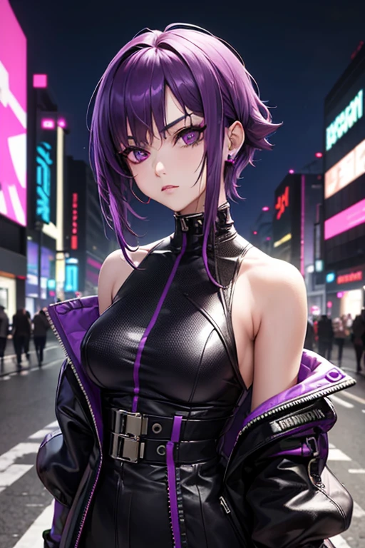 cyberpunk edgerunners, 1 girl,(cyberpunk), bare shoulders, purple eyes, Off the shoulders, Purple eyeliner, short hair, Purple hair, ((masterpiece)) (best quality, masterpiece)