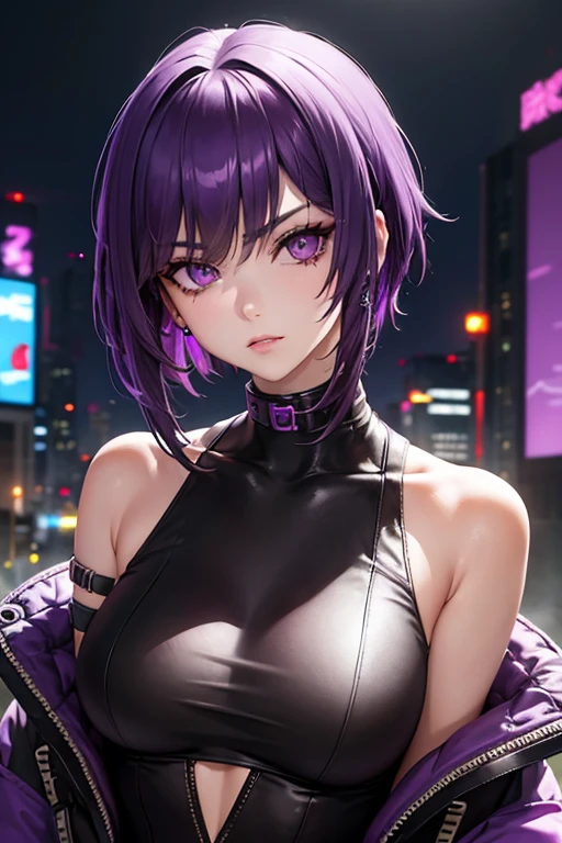 cyberpunk edgerunners, 1 girl,(cyberpunk), bare shoulders, purple eyes, Off the shoulders, Purple eyeliner, short hair, Purple hair, ((masterpiece)) (best quality, masterpiece)