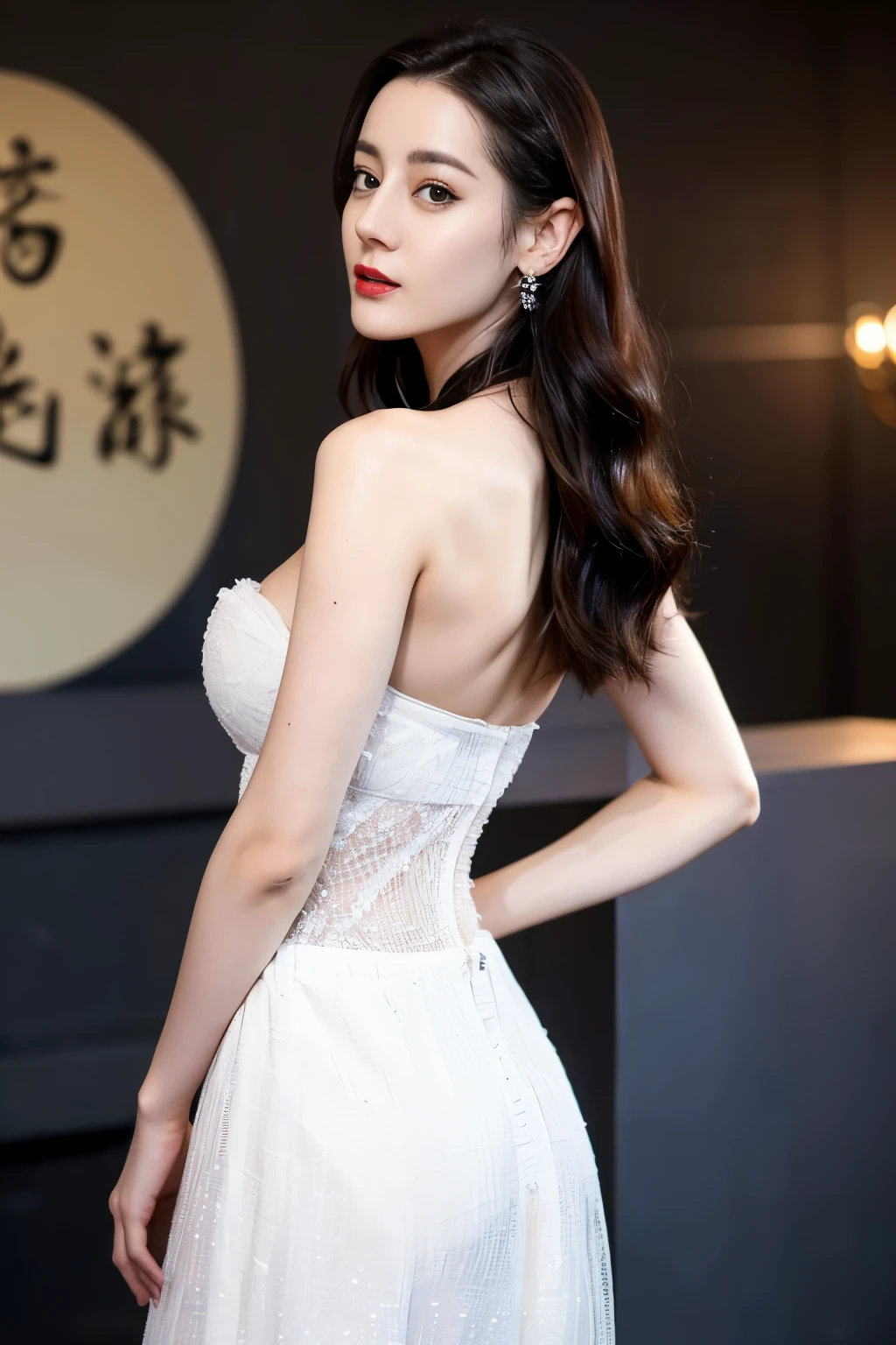 ((top quality、8K、​Masterpiece:1.3))、Extremely delicate beautiful girl，huge breasts，bigger breasts，amazing breast size，G cup，Sunset。Wear big earrings，Very white skin，moist red lips，Waist is very thin，Thighs are very thin，big ass，exposed，fair and smooth skin，Smooth and fair skin，flawless skin，Fair and shiny skin，cold white skin，The camera focuses on the chest，bright light，Bandeau dress，transparent skirt，Openwork skirt，exposed的肩膀，white hair，The hair is gray，后背exposed到臀部，后背exposed到腰臀线，Smooth white back，Stand sideways，Straight posture