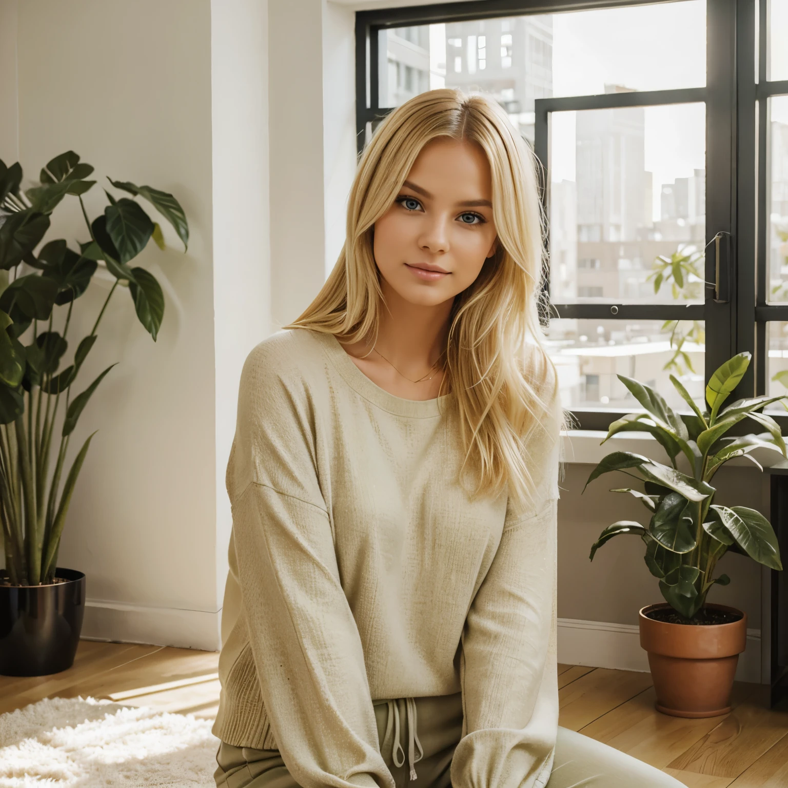 Create an image of a blonde woman with a serene expression, wearing a casual chic outfit, poised in a sunlit urban loft that exudes a cozy yet stylish atmosphere, with hints of green plants and modern decor in the background.