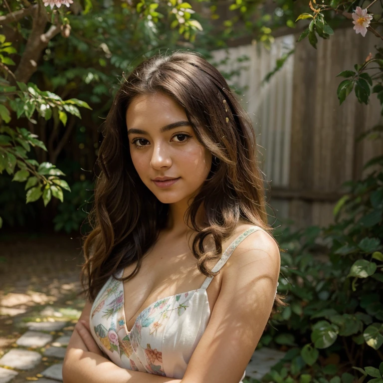 (high quality,realistic,masterpiece:1.2),ultra-detailed,beautiful detailed eyes,beautiful detailed lips,extremely detailed eyes and face,longeyelashes,(natural,soft,smooth:0.9) skin,shiny long black hair, (flowing,wavy) hair,1girl, wearing a (colorful,floral,dainty:1.1), flowing dress, in a (lush,colorful:bright:1.1) garden, surrounded by (colorful,vibrant) flowers and (green,lush) foliage, (warm golden sunlight,soft natural lighting:1.1) illuminating the scene, creating a (warm:warm-toned:1.1) and (dreamy,enchanted) ambiance, (happy,joyful) expression on her face, (graceful,elegant) posture and (gentle,soft) movements, (peaceful,carefree) atmosphere, with a (gentle,warm) breeze blowing her hair, (golden,sparkling:1.1) butterflies flying around her, (melodious,birdsong:1.1) in the background, (beyond,underneath) the beautiful blue sky, creating a (serene,harmonious) composition.
