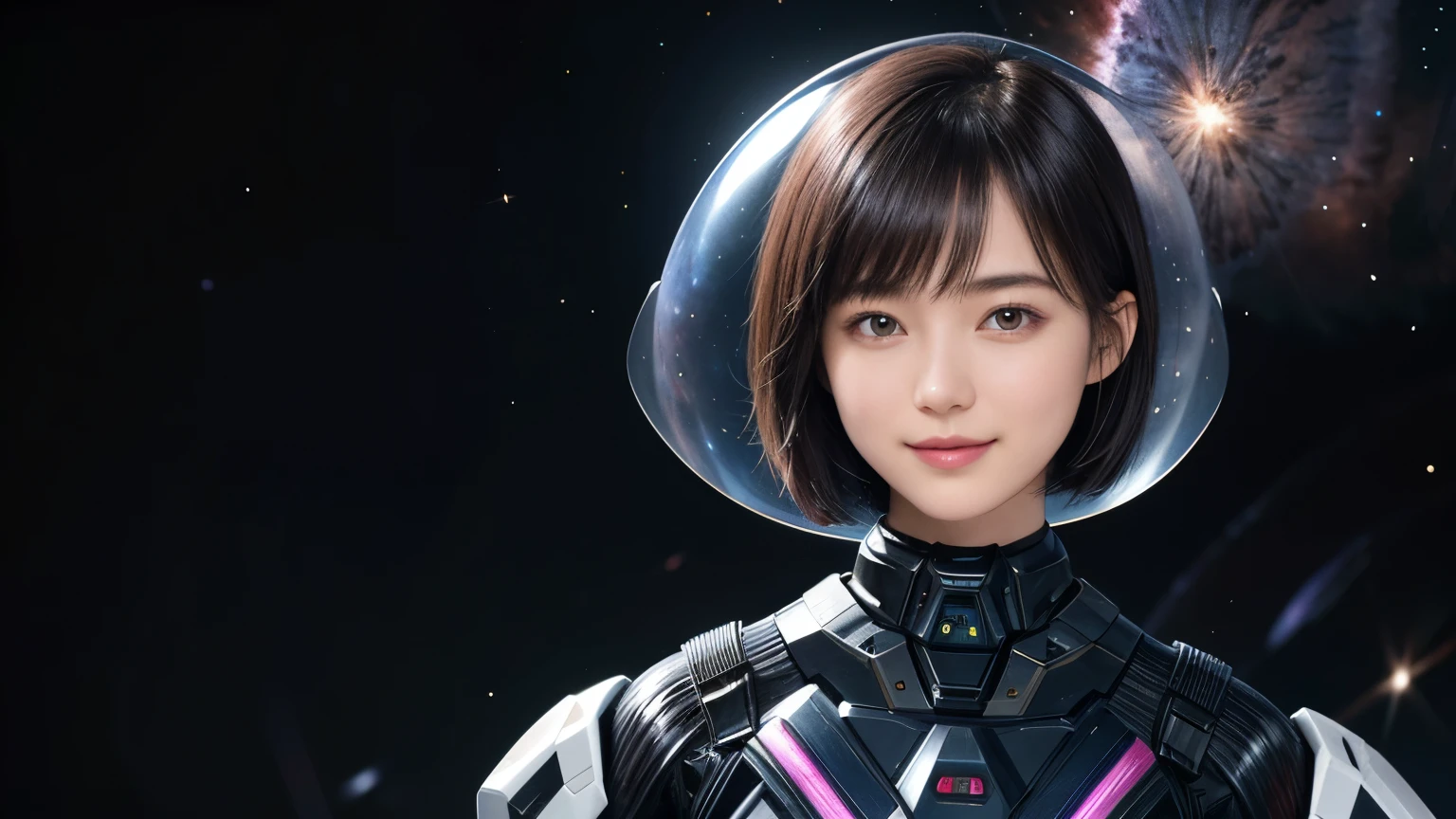 208 Short Hair, 20 year old woman, Floral, gentle smile, futuristic clothes, mechanical suit, (The background is a galaxy and nebula)