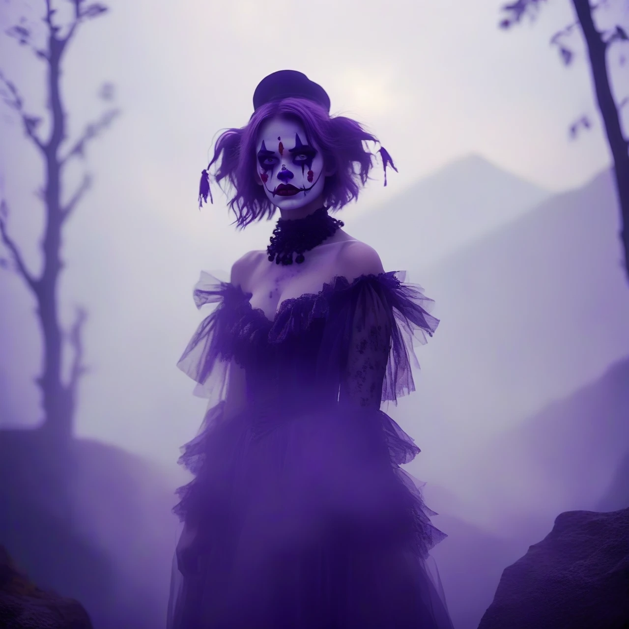 A place with a morbid look that resembles a funeral, (foggy:1.2), silhouetted in soft shadow (full body photograph:1.2) (Purple Mountain Majesty clown outfit:1.3) (beautiful supermodel:1.1) hands behind her back detailed background bokeh