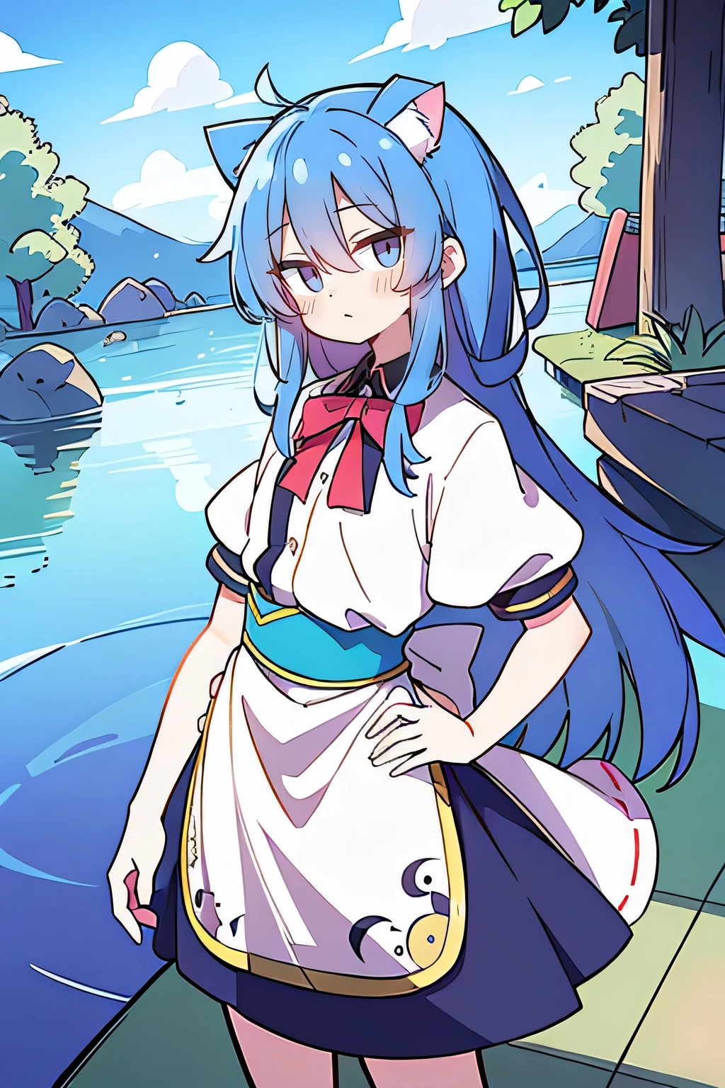 (masterpiece),best quality, expressive eyes, perfect face, 1girl,
Put your hands on your waist,fair, Gorgeous,Japanese cartoons,girl,lola,Hina Angel, blue hair, blue haired, floating clothes,Grab your waist, Grab your waist, hands on hips , hands on hips,flat chest,Lie in the pool,lake,Lie on the ground,cat ears ,