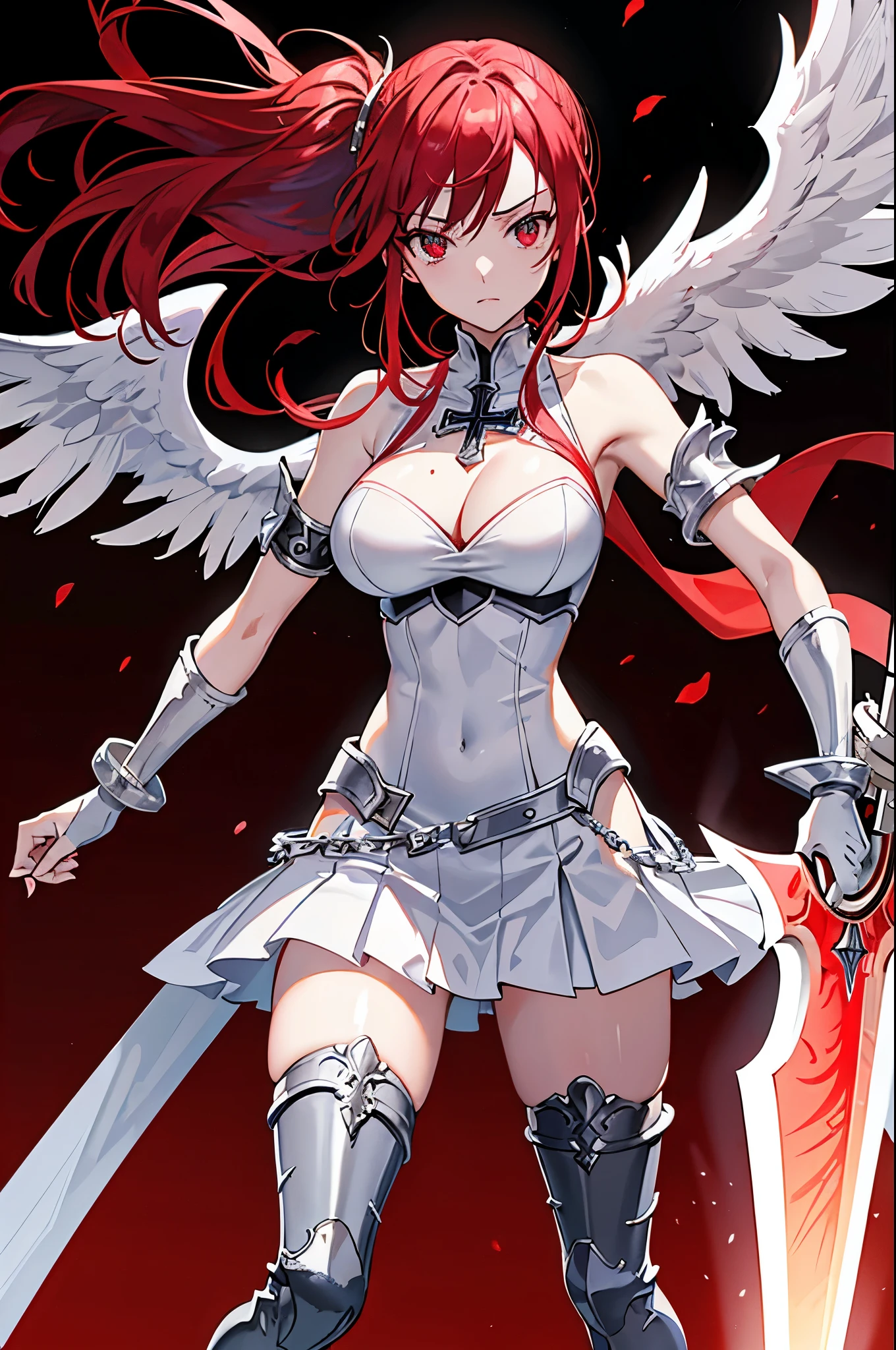 erza scarlet, half silver color steel breast plate with a cross pattern, bright red pupil, super mini battle skirt, holding giant silver boardsword, high pony tail, perfect body shape, 16k, sharp angel aura, steel hand glove, holy tattoo, long silk leggings, scarlet red color hair,silver color stylish pauldrons, 4k wallpaper quality, silver color bracelet, armlet, masterpieces, ultra body detail, best lighting