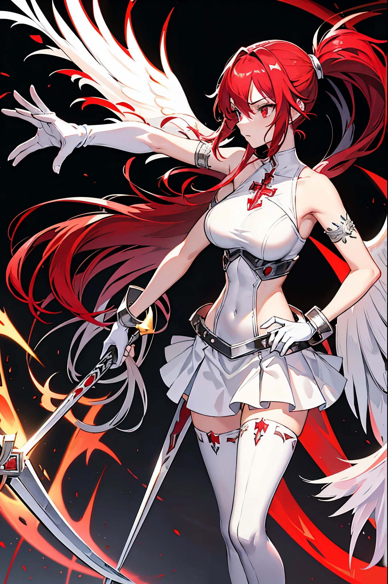 erza scarlet, half silver color steel breast plate with a cross pattern, bright red pupil, super mini battle skirt, holding giant silver boardsword, high pony tail, perfect body shape, 16k, sharp angel aura, steel hand glove, holy tattoo, long silk leggings, scarlet red color hair,silver color stylish pauldrons, 4k wallpaper quality, silver color bracelet, armlet, masterpieces, ultra body detail, best lighting