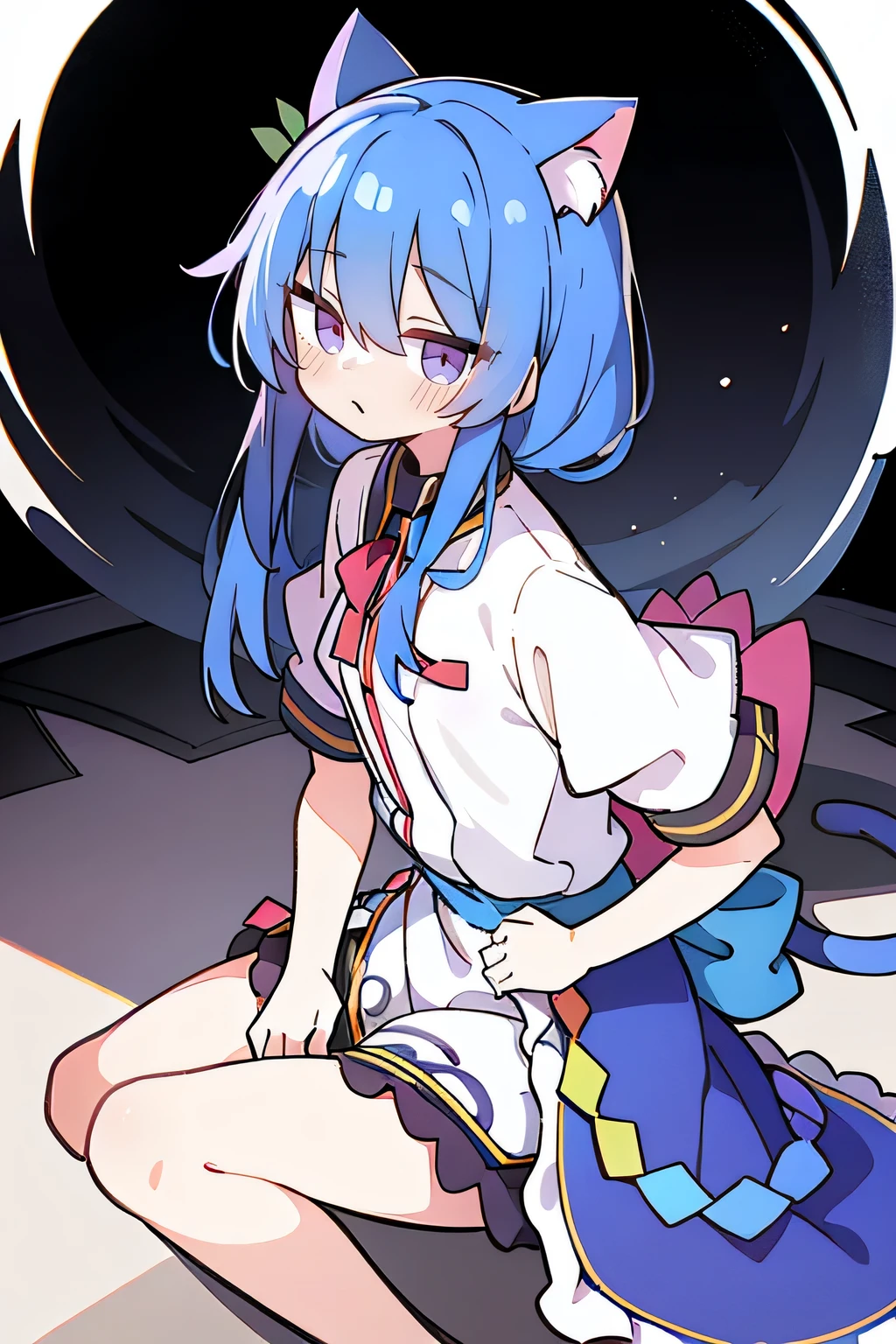 (Masterpiece), best quality, expressive eyes, perfect face, 1girl,
 Put your hands on your waist, fair, gorgeous, Japanese comics, girl, Lola, young angel, blue hair, blue hair, flowing clothes, hug the waist, hug the waist, hands on hips, hands on hips, lay down , lying on the ground, legs on the ground, flat chest, cat ears,dark blue eyes,