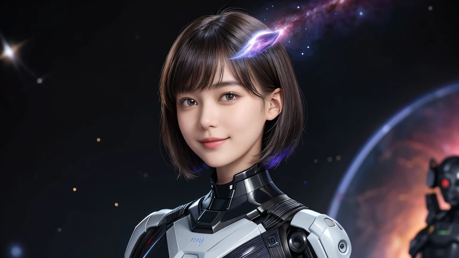208 Short Hair, 20 year old woman, Floral, gentle smile, futuristic clothes, mechanical suit, (The background is a galaxy and nebula)