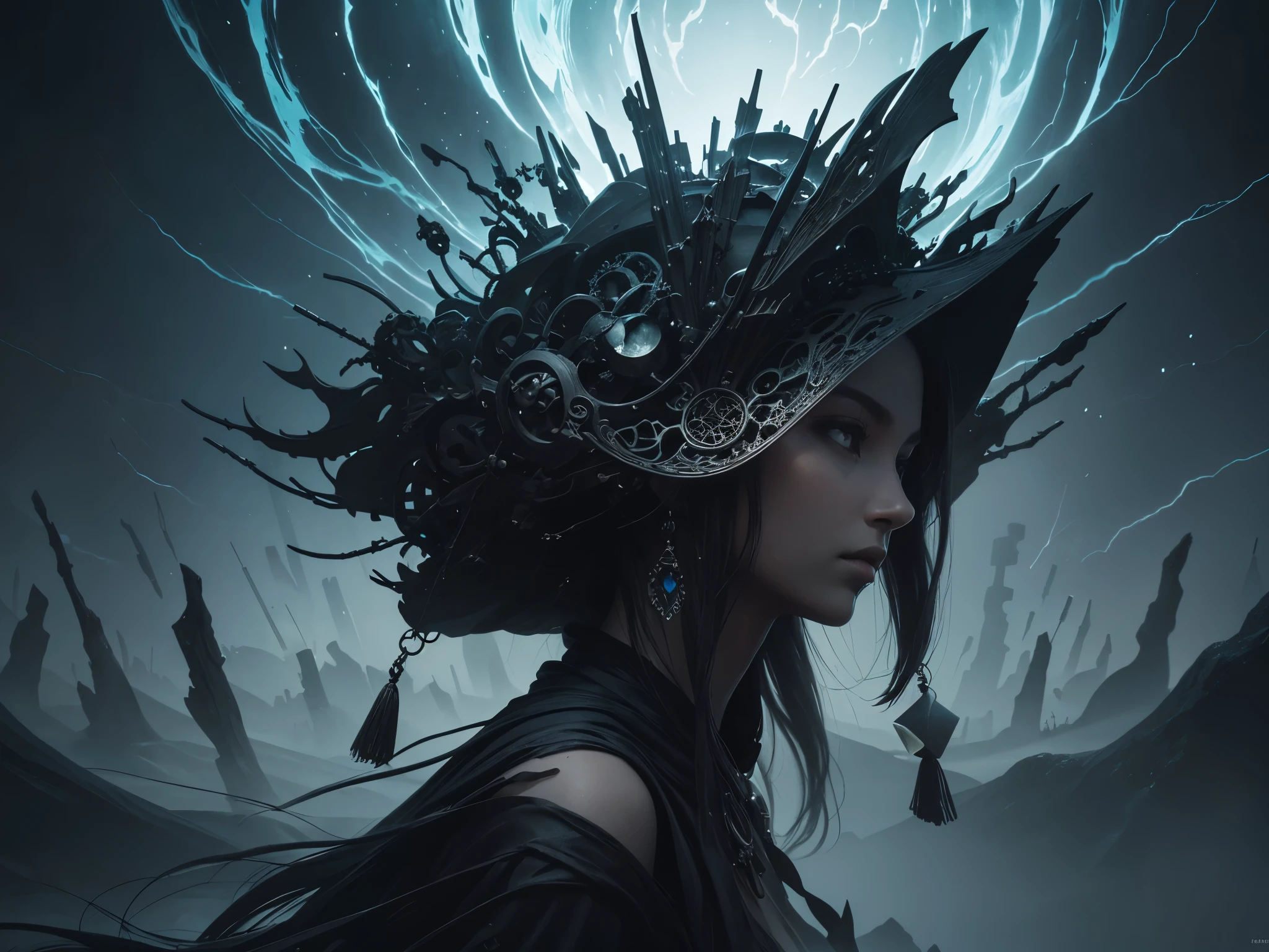 wind chimes, tones of wind, chimes ringing in eternity, dark foreboding planet of sand and ash, hums and chimes with long lost civilizations ghosts, hollows wind, hollow, hallowed, strike the bell, peal the rhyme let lose the thunder on high, crack lightnings whip,digital artwork by Beksinski, traveler through refined beauty and color variation, a peek into the eternal,