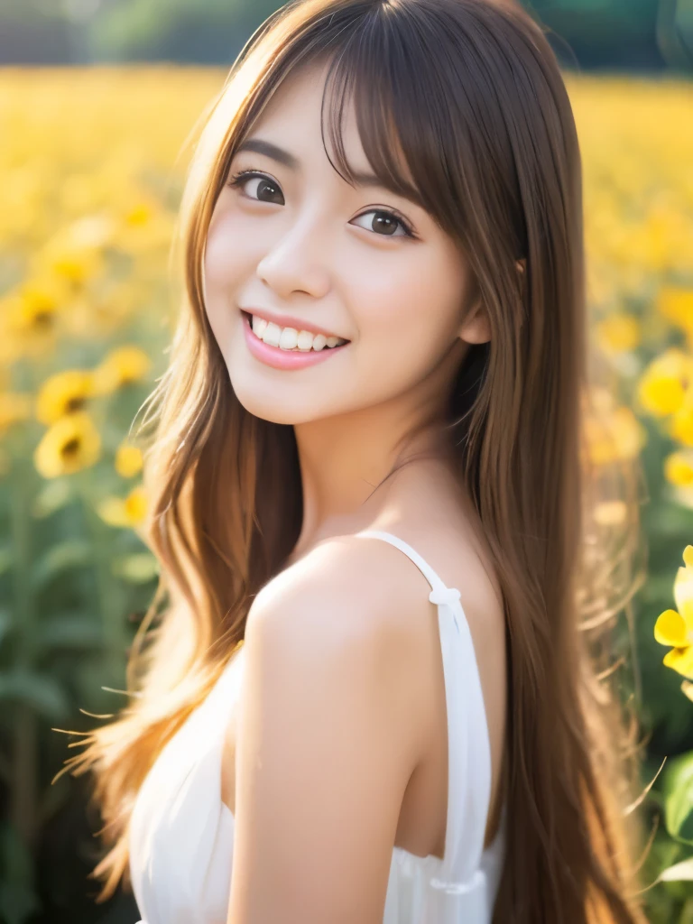 A beautiful Japanese shy girl, age 20 years old, light honey long hair, brown eyes, shiny lip, shiny hair and shiny body, wearing shiny white babydoll dress, in Vast flower fields, light shine in, ecstatic expression, Photo with blurred background