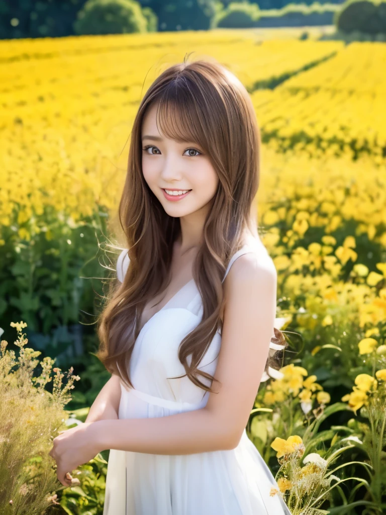 A beautiful Japanese shy girl, age 20 years old, light honey long hair, brown eyes, shiny lip, shiny hair and shiny body, wearing shiny white doll dress, in Vast flower fields, light shine in, ecstatic expression, Photo with blurred background