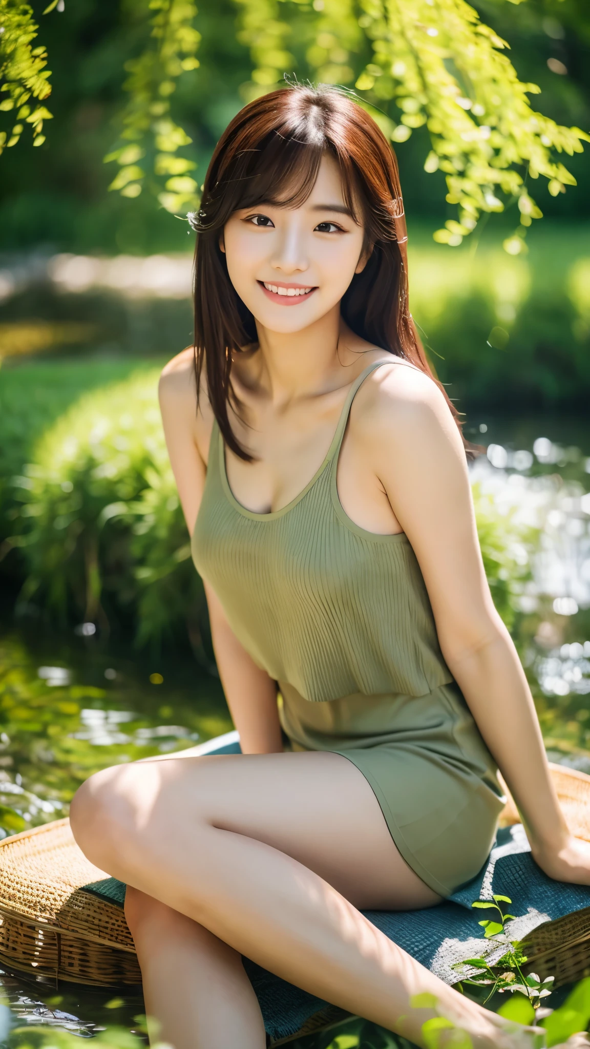 close-up of beautiful korean female, 34 inch breasts size, slightly smile , wearing tank top, sitting under the willows tree, beside the stream, bokeh background, UHD