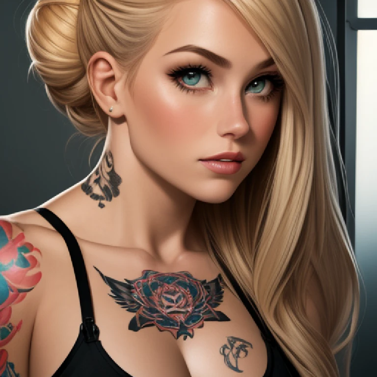 Blonde woman with headphones and tattoos sitting on a table, ultra realistic digital painting, beautiful blonde girl, realistic digital painting, photorealistic digital painting, gorgeous digital painting, ultra realistic concept art, sexy girl with green eyes, deviantart artstation cgscosiety, beautiful digital art, cinematic realistic portrait, beautiful blonde woman, 8k high quality detailed art, with white headphones, biting his lip and sensualizing while listening to music.