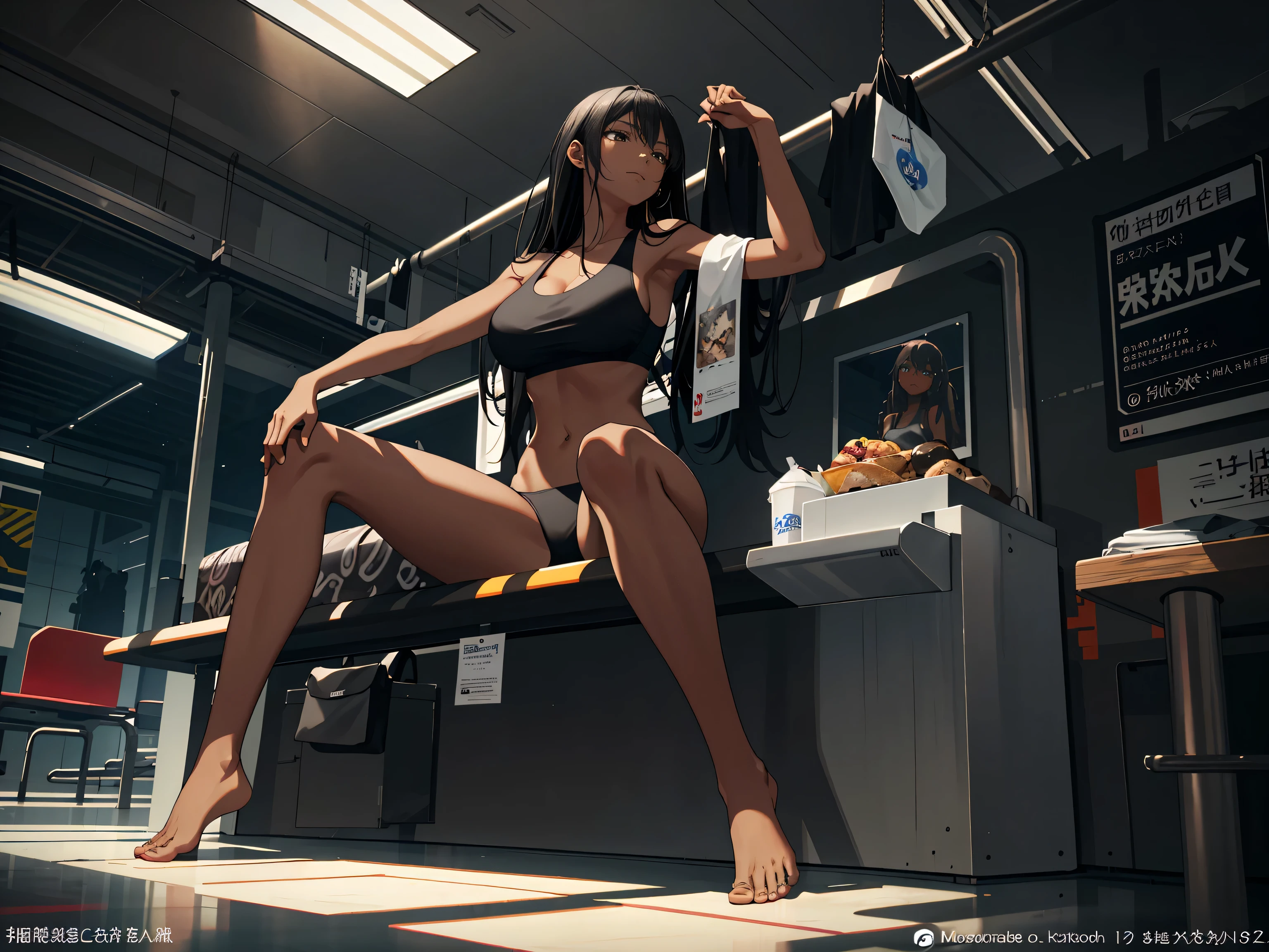 Masterpiece, best quality, high resolution, 1 woman, black skin , black hair , Close your eyes.... , black tank top , underwear , abdomen , big breasts, Long legs , Barefoot , stretch , sit , spread your legs , train station , subway