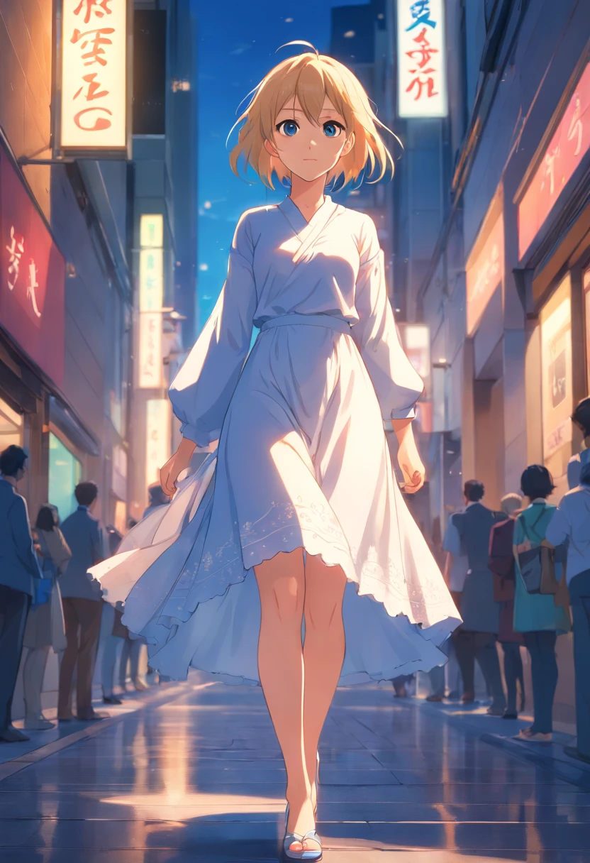 Female , Rubia, Ojos azules, delgada, vestido de novia con escote y minifalda, de cuerpo entero de pie caminando por pasillo de la iglesia high heeels white ahora. Piso refleja