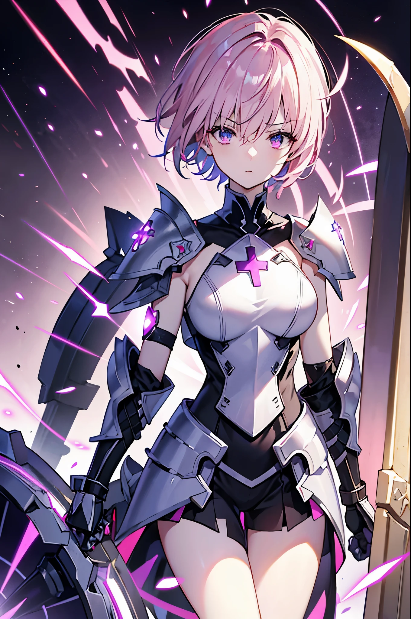Mash Kyrielight fate grand order, blakc power suit and sleeve, gauntlet, bare shoulder, bare legs, holding cross design giant shield, perfect body shape, soldier aura, serious effect, pink short hair, dark purple pupil, masterpieces, fantasy world, hyper resolution, 16k wallpaper quality, ultra lighting