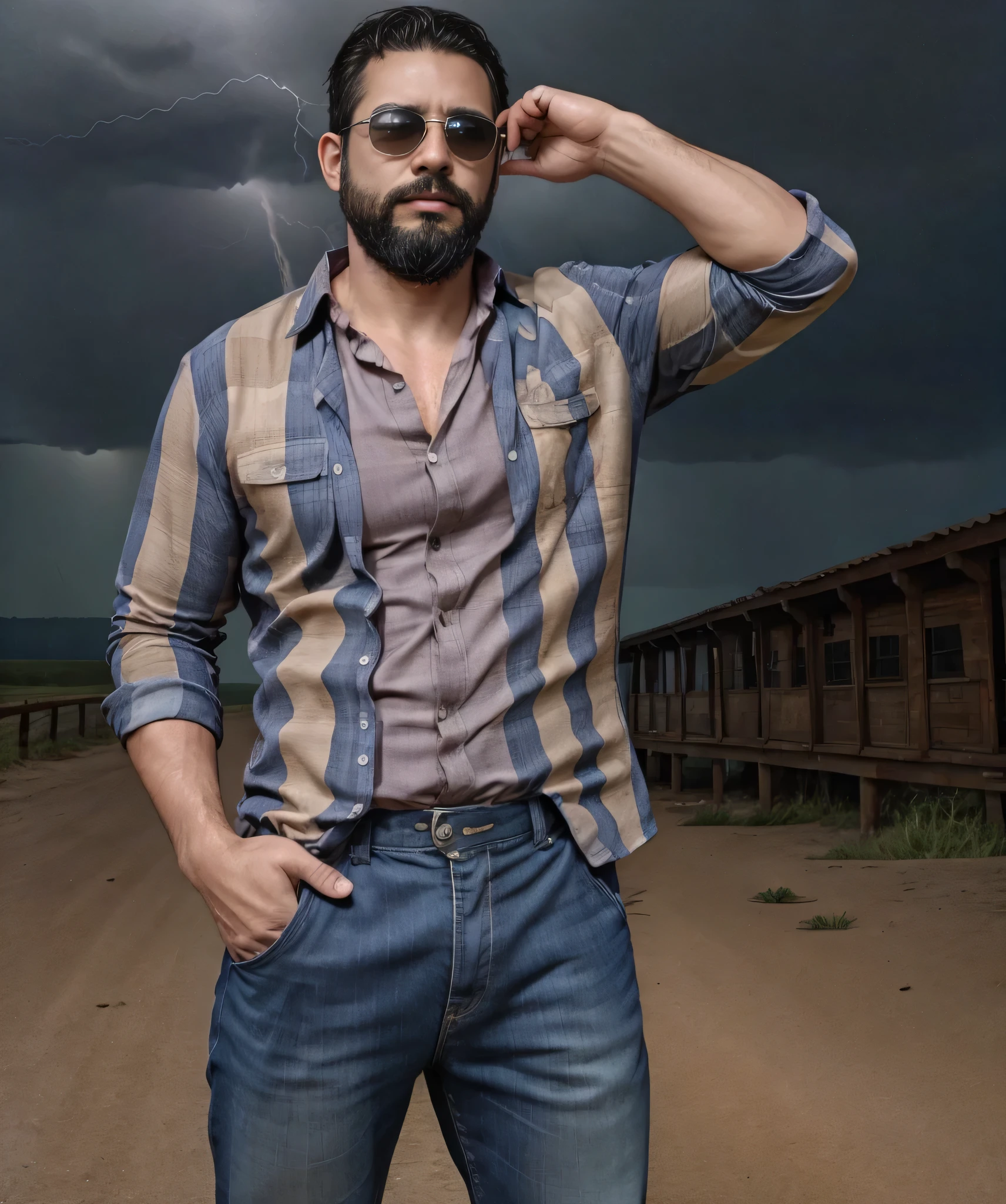 Obra maestra, desenfoque de campo, Parte superior del cuerpo, hands in pants pockets , 38 year old man with beard and square sunglasses. Man wearing a checkered shirt in an action movie with long guns, with a thunderstorm in the background.