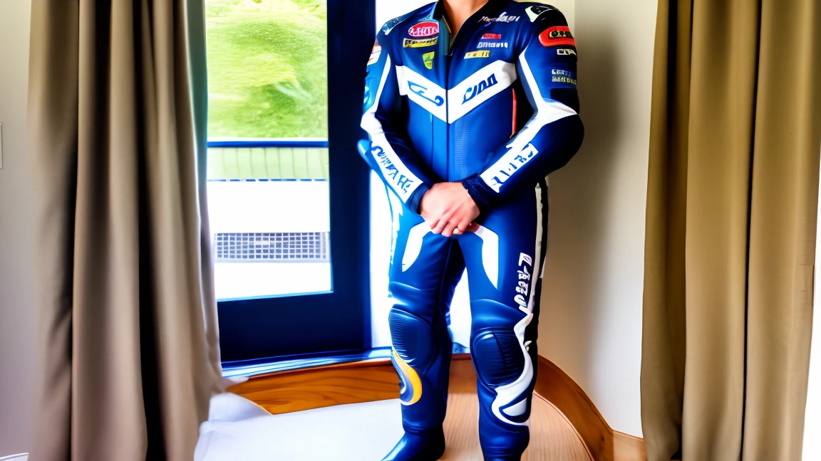 Wolf, wearing motogp suit, standing, erection, thick dick, cumming