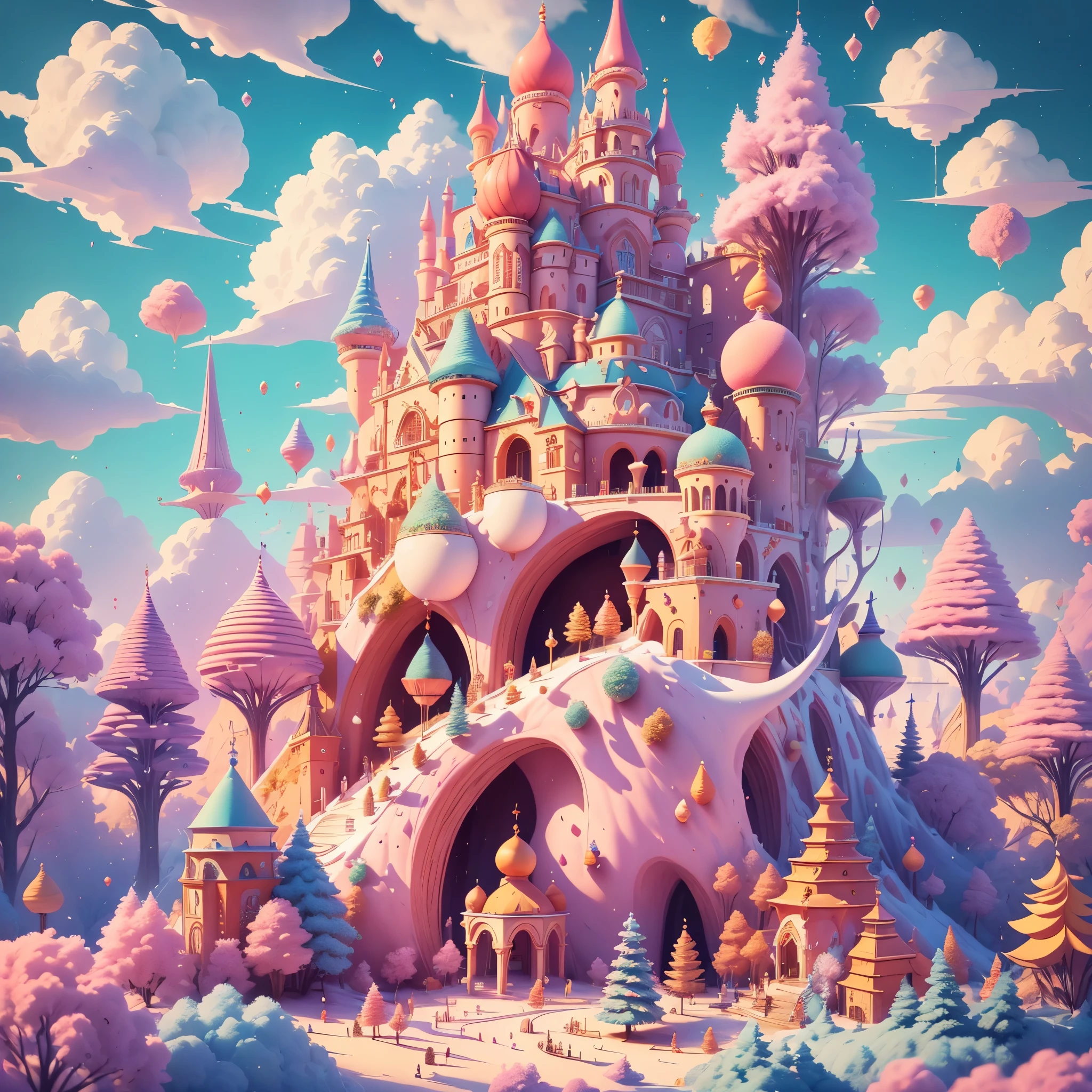 (best quality,4k,8k,highres,masterpiece:1.2),ultra-detailed,(realistic,photorealistic,photo-realistic:1.37),a castle made of cookies, colorful candies, and marshmallows, mouth-watering, crunchy cookies,(colorful and sugary swirls, vibrant colors,candy-coated,delicate,delicious:1.1),a sugary dreamland with(whimsical turrets,tall towers,elaborate arches,delicate balconies),a magical setting surrounded by trees and flowers,sparkling rainbow sprinkle rooftops,fluffy marshmallow clouds,cotton candy trees,dreamy,imaginative,creative,edible wonderland,enchanted(SugarLand,FairyTale,CandyLand:1.1),joyful,carefree atmosphere,lively,festive ambiance,glowing,soft sunlight,pure,playful,warm lighting,scrumptious,irresistible desserts,fun-filled,delightful,captivating scene。