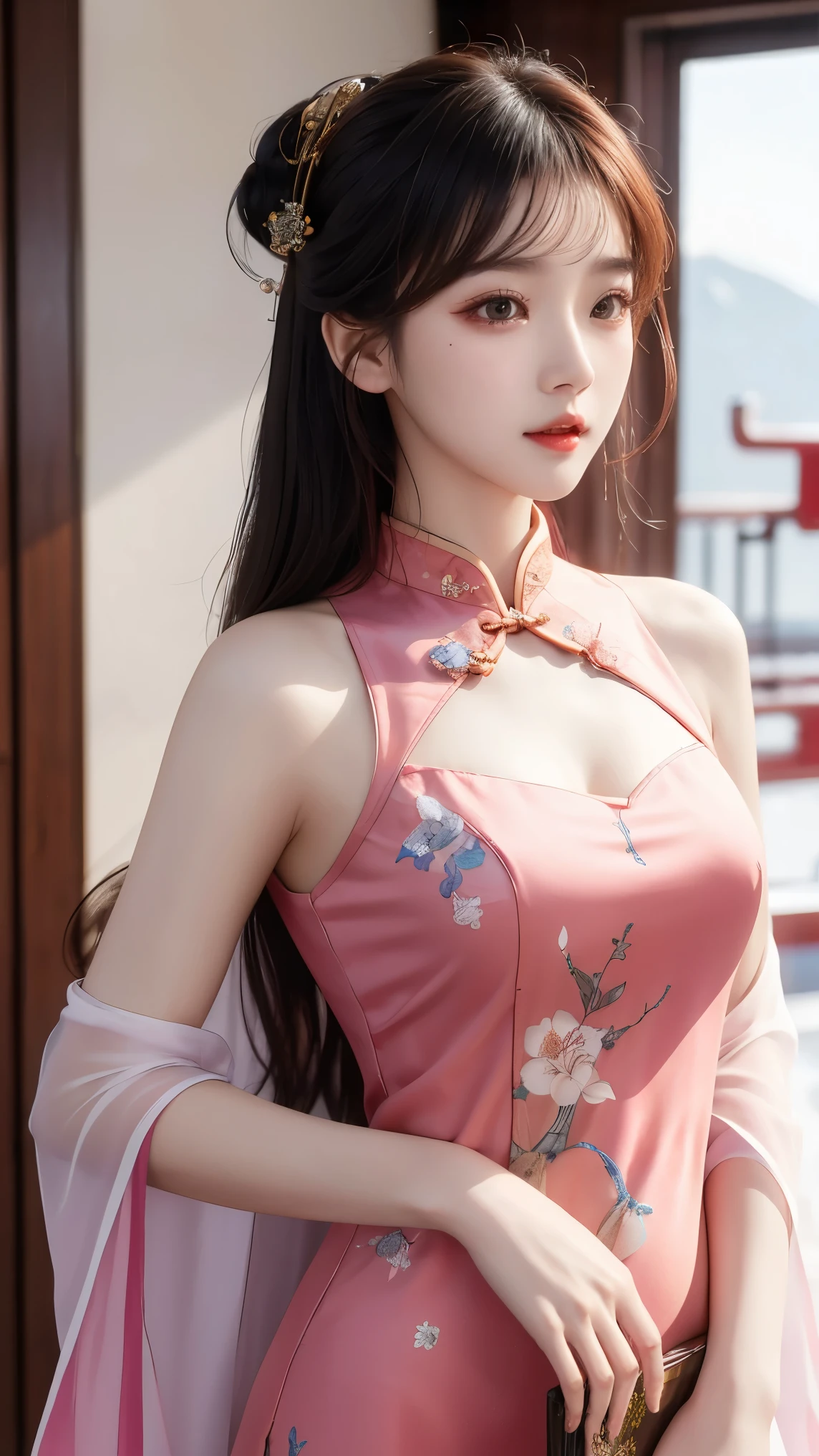  Ultra-realistic 8k, CG, flawless, Cute expression, intricate details, 18-year-old girl wearing chiffon cheongsam, best quality, Realistic photos,