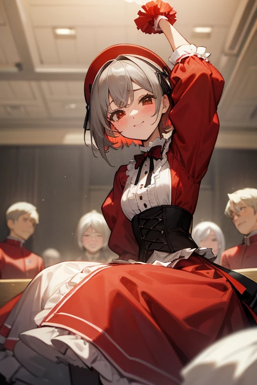 short gray hair, blush, Cheerleader、Headbang 2.、Red clothes、Elegant ta、Victorian Maiden、cheerfully、Background Audience、