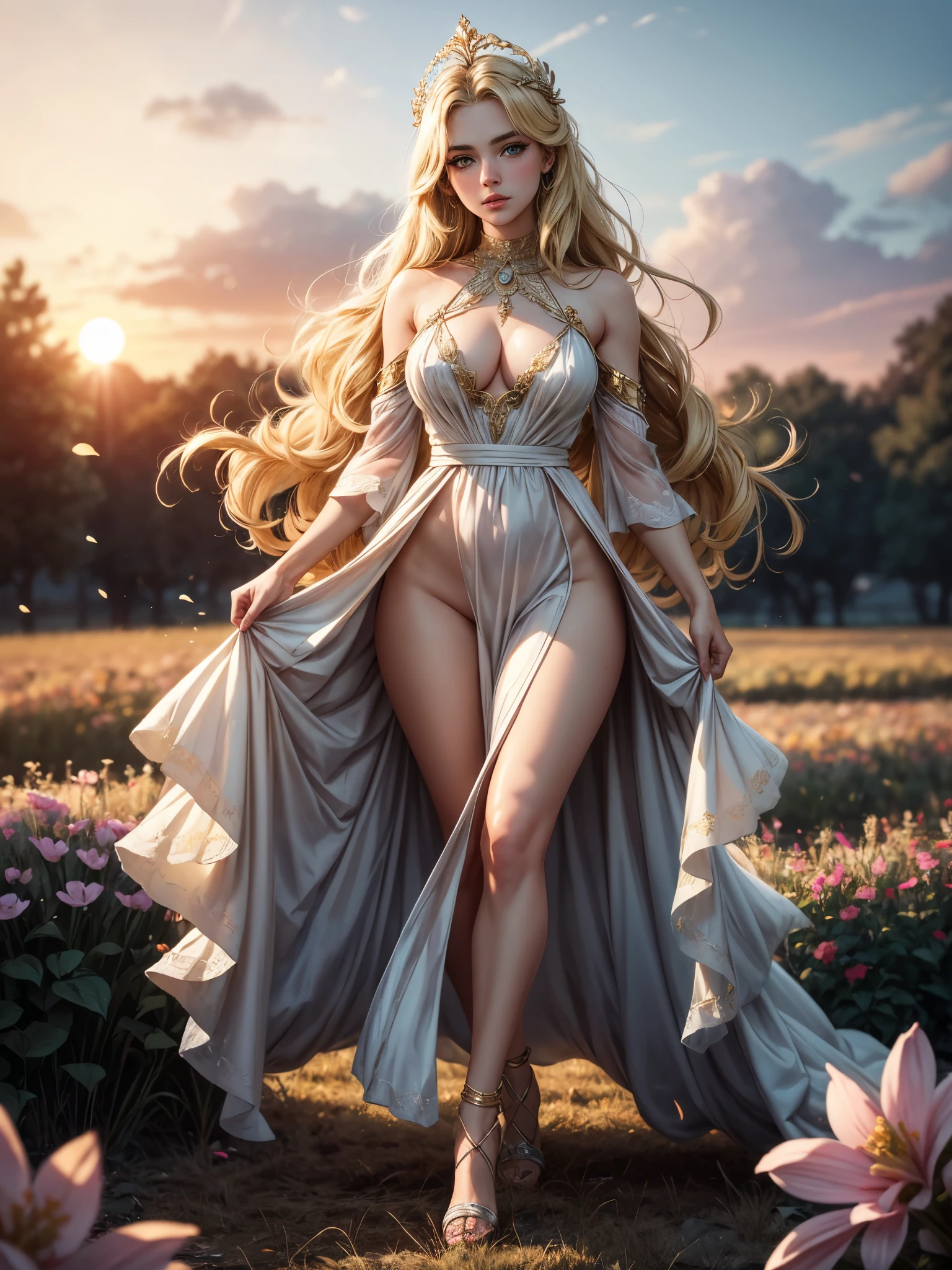 masterpiece, best quality, ultra-detailed, high resolution, extremely detailed, (Full Body Shot:1.3), (sharp focus:1.2), photo, attractive young female model, A gorgeous blonde woman, age 23, in a tight white antique greek cute dress, posing in a field of flowers, beautiful blonde girl, blonde goddess, a gorgeous blonde, gorgeous female model, , beautiful blonde woman, beautiful model girl, beautiful body and face, beautiful female model, beautiful girl model, beautiful woman photo, she aphrotita the godess of love, godess Venus, godess of love and desire, perfect in everyway, sunset, depth of field, bokeh, 4K, HDR.