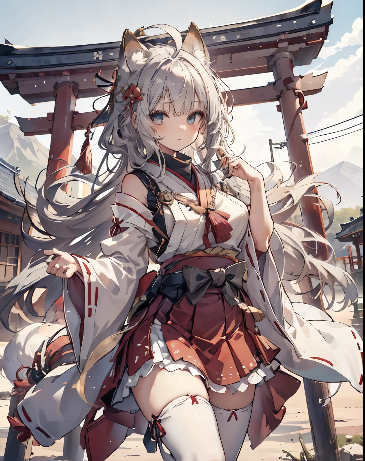 masterpiece, 1girl, sparrow, a silver haired girl, wearing a miko clothes, curly long hair, messy hair, slim body, he close her left eye, shirt ornament, aqua eyes, ahoge, baby face, huge breast, beautiful breasts, rounded breasts, long sleeves, beautiful eyes, white stocking, droopy eyes, skirt, red skirt, her age is 19 years old, shrine, flared skirt, tight haori, skirt, shrine maiden, japanese clothes, fox ear