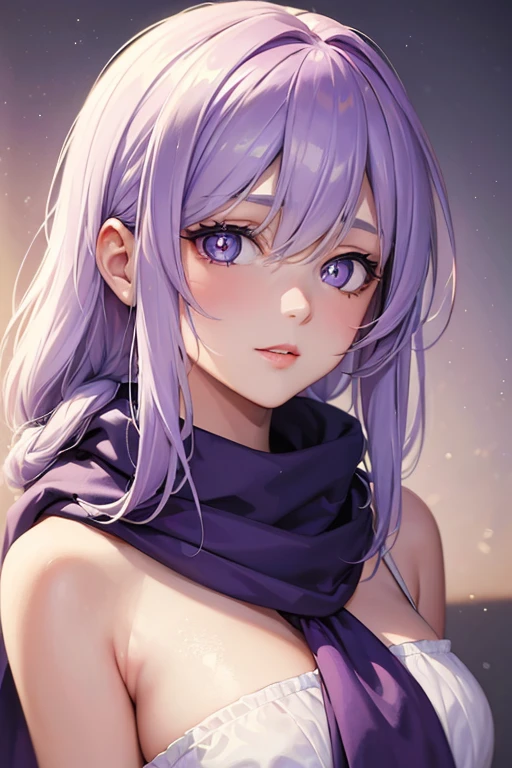 (8K, best quality, masterpiece: 1.2), (best quality: 1.0), (ultra high resolution: 1.0), watercolor, a beautiful woman, (shining pupils,Purple pupils),Shoulder, scarf, ,bust, extremely bright design, pastel colors,