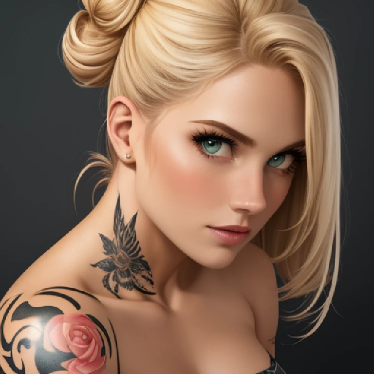 (photorealistic: 1.2), (masterpiece, side lighting, finely detailed beautiful eyes: 1.2), masterpiece*portrait, realistic, detailed face, glowing eyes, glowing hair, glowing skin, solo, relaxed, retro dress, white hair, brown eyes, 60s pin-up style, shoulder and neck tattoo, garage vibe