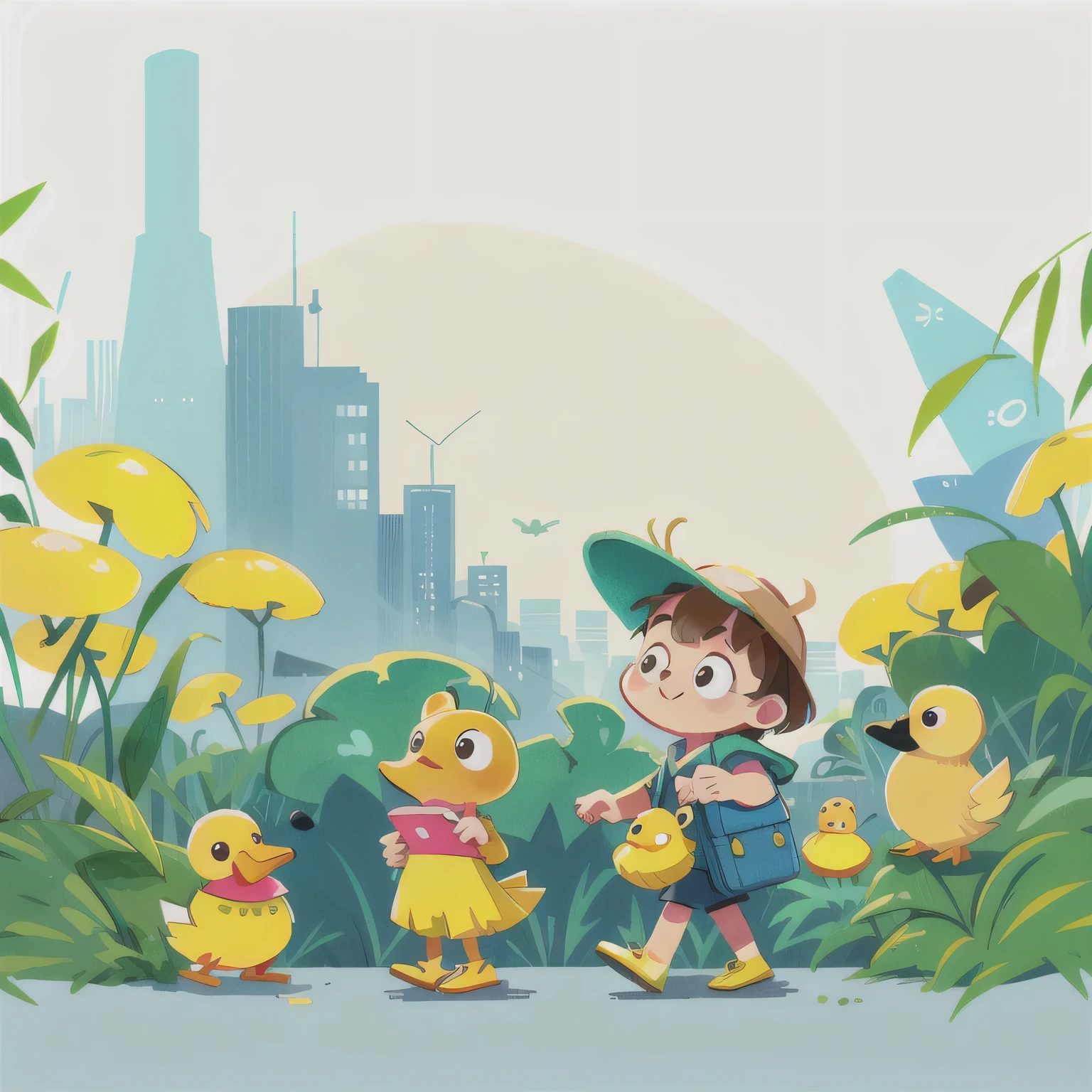 A little yellow duck holding a suitcase, In the cute sketch style of a traveling frog,Happily exploring the unknown world.