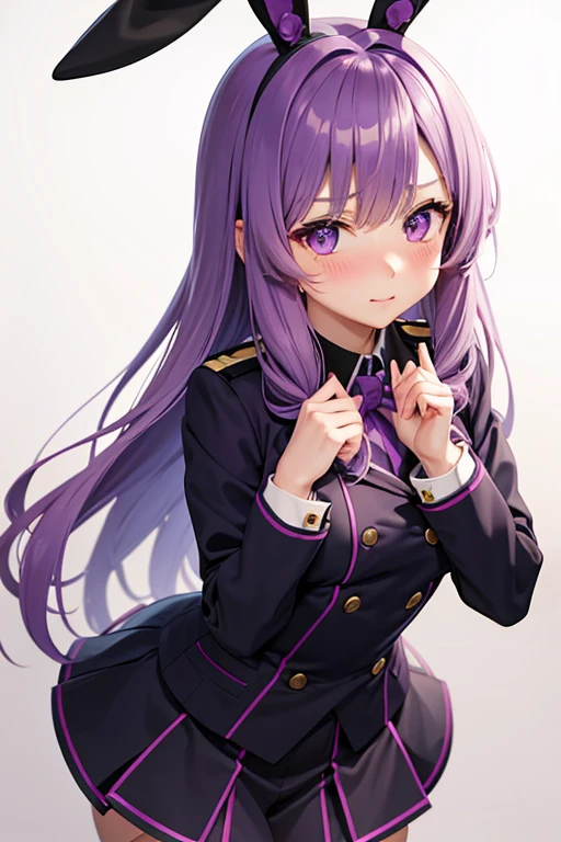 Purple hair bunny ears anime girl, purple eyes, shy blush, Uniforms