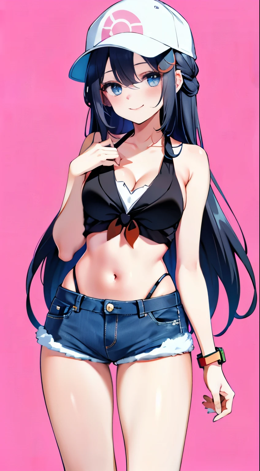 Black colored hair，blue eyes，long hair，Pink sling bikini，Orange denim shorts，Xiaoguang（Pokémon）medium breasts，blush，Smile，bedroom background，hat