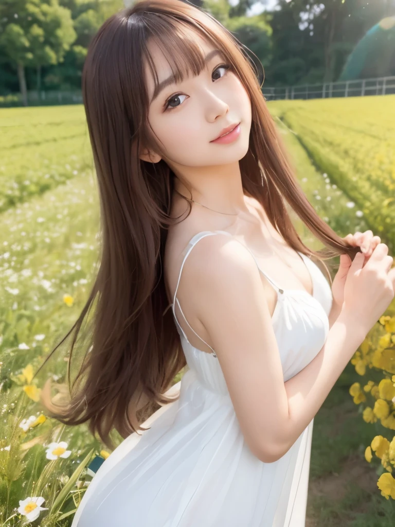 A beautiful Japanese shy girl, age 20 years old, light honey long hair, brown eyes, shiny lip, shiny hair and shiny body, wearing shiny white babydoll dress, in Vast flower fields, light shine in, ecstatic expression, Photo with blurred background